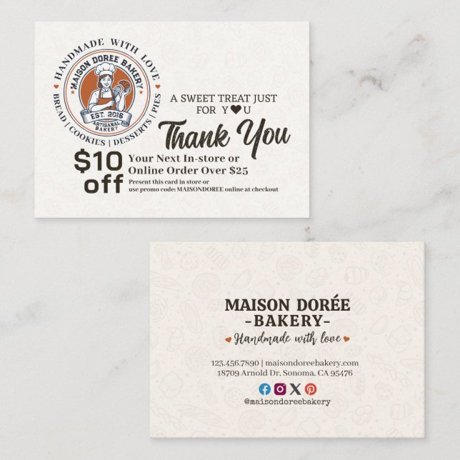 Bakery Pastry Chef Cake Baker Thank You Promo Code Discount Card (Front/Back)