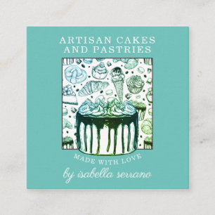 Bakery Pastry Chef Cakes And Pastries Blue Green Square Business Card