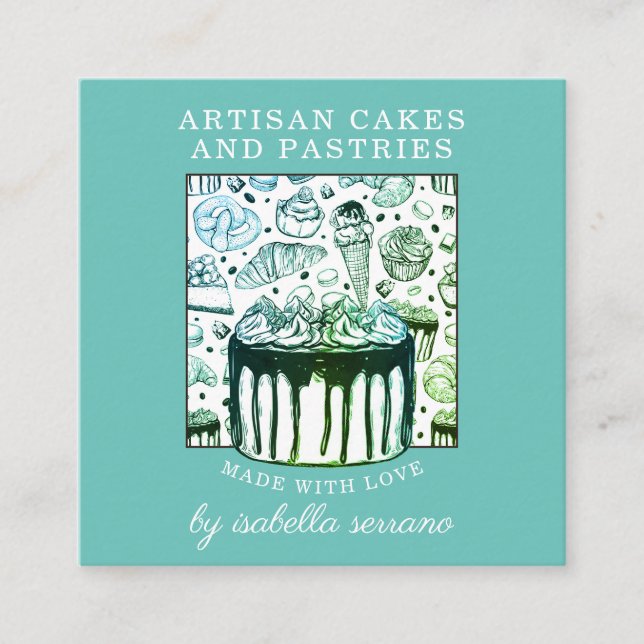 Bakery Pastry Chef Cakes And Pastries Blue Green Square Business Card (Front)