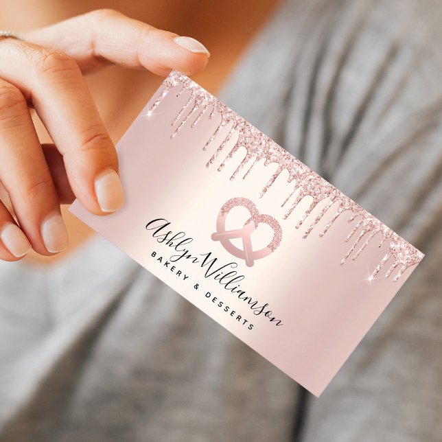 Bakery Pastry Chef Catering Rose Gold Glitter Drip Business Card (Creator Uploaded)