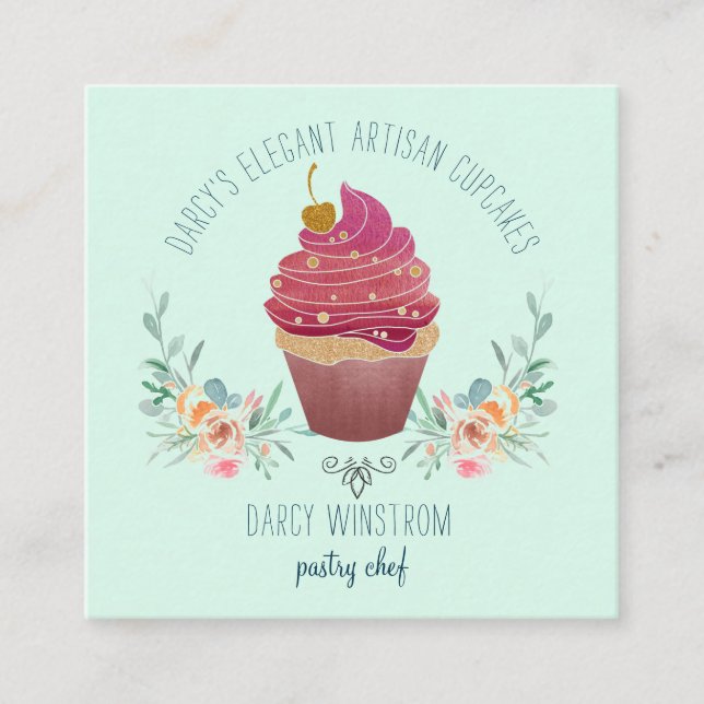 Bakery Pastry Chef Elegant Cupcake Baker Green Square Business Card (Front)