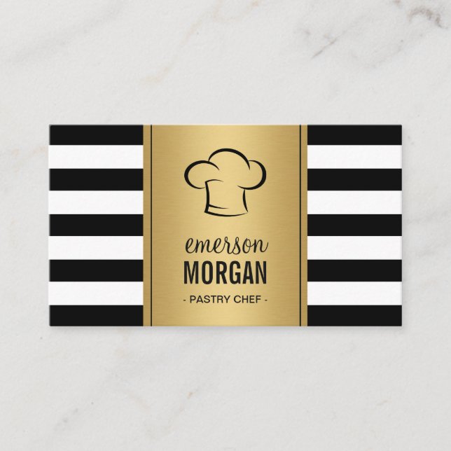 Bakery Pastry Chef Elegant Gold Black White Stripe Business Card (Front)