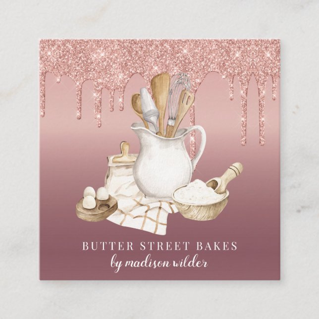 Bakery Pastry Chef Glitter Drips Rose Gold Square Business Card (Front)