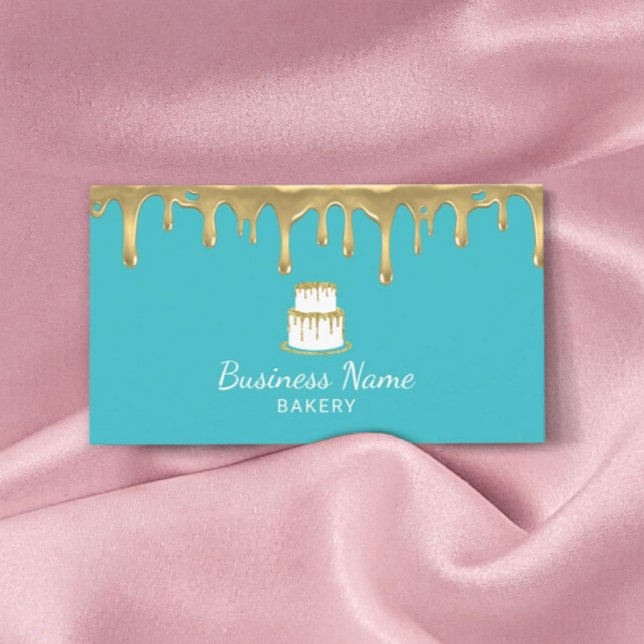 Bakery Pastry Chef Gold Cake Logo Modern Turquoise Business Card (Creator Uploaded)