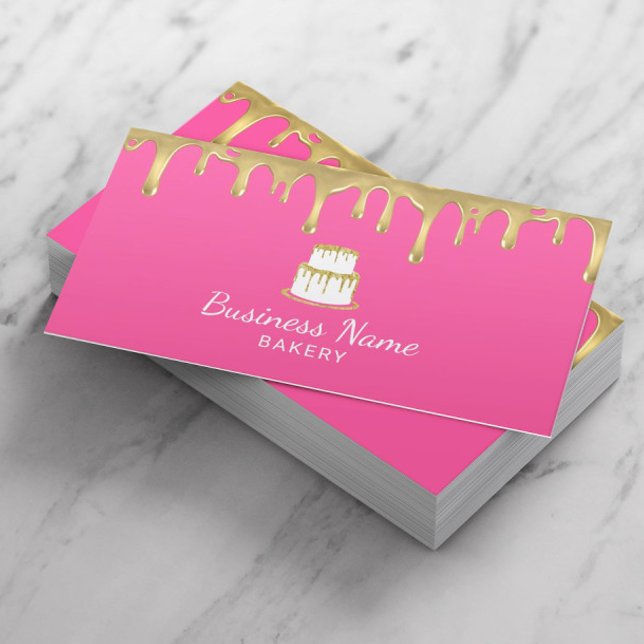 Bakery Pastry Chef Gold Cake Logo Sweet Pink Business Card (Creator Uploaded)