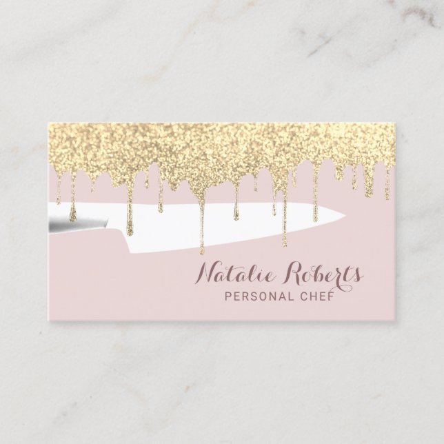 Bakery Pastry Chef Knife Modern Gold Glitter Drips Business Card (Front)