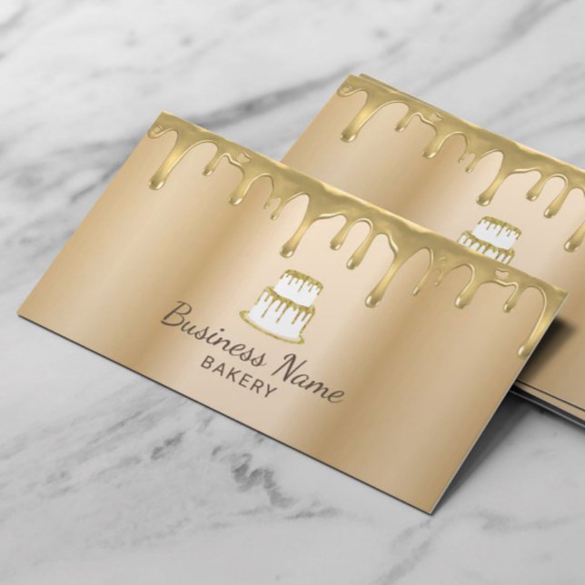 Bakery Pastry Chef Modern Gold Drips Cake Logo  Business Card (Creator Uploaded)