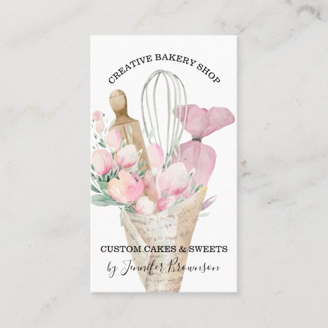 Bakery Pastry Chef Pink Flowers Boho Business Card (Front)