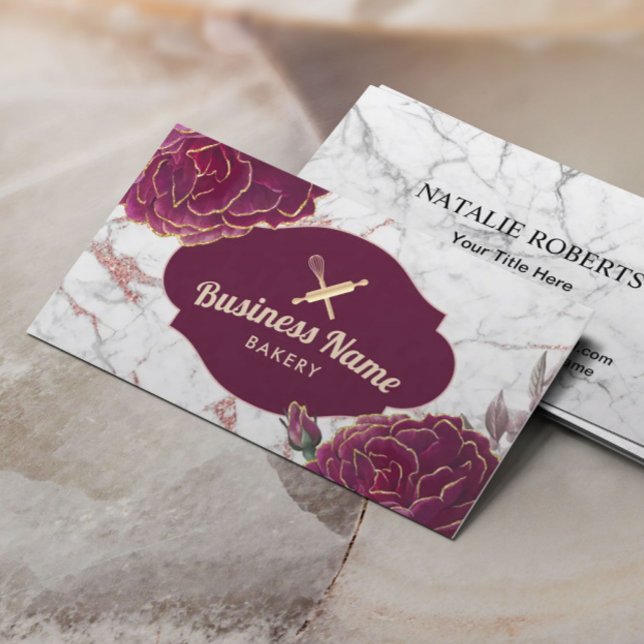 Bakery Pastry Chef Red Floral Rose Gold Marble Business Card (Creator Uploaded)