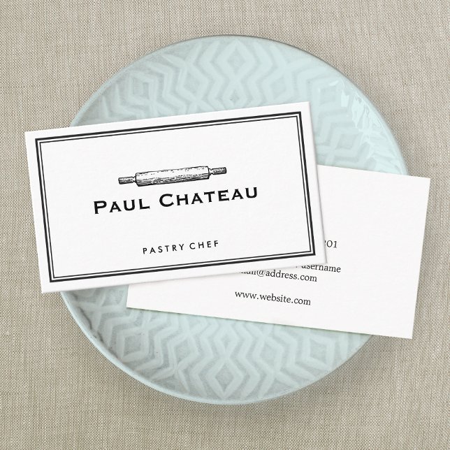 Bakery Pastry Chef Rolling Pin Baker Logo White Business Card (Creator Uploaded)