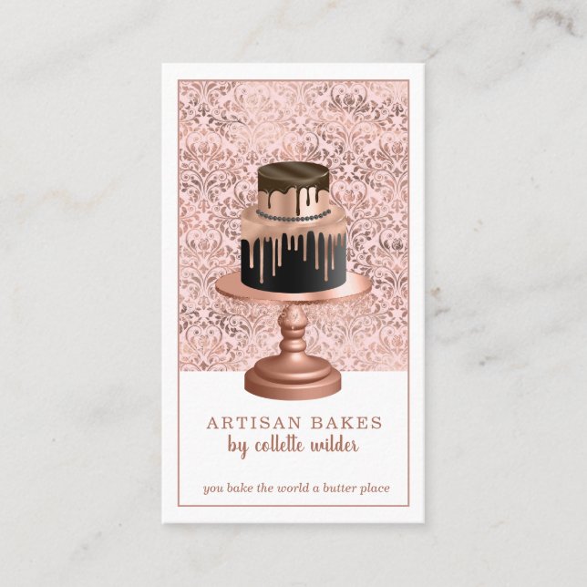Bakery Pastry Chef Rose Gold Drips Cake Business Card (Front)