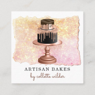 Bakery Pastry Chef Rose Gold Drips Sparkle Square Business Card