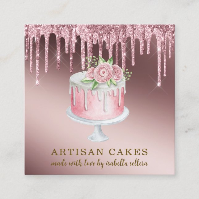 Bakery Pastry Chef Rose Gold Glitter Drips Cake Sq Square Business Card (Front)