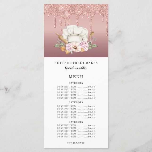 Bakery Pastry Chef Rose Gold Glitter Drips Price  Menu (Front)