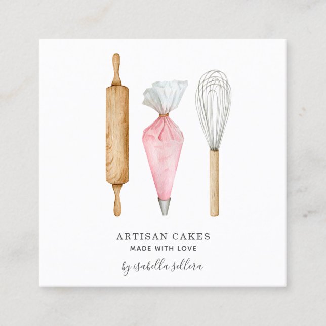 Bakery Pastry Chef Watercolor Bakers Tools Square Business Card (Front)