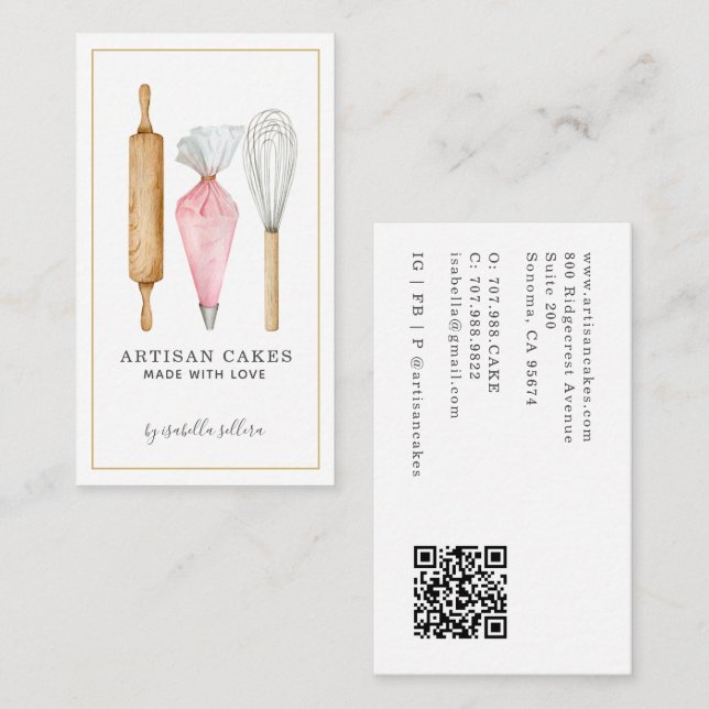 Bakery Pastry Chef Watercolor Baking Utensils Business Card (Front/Back)