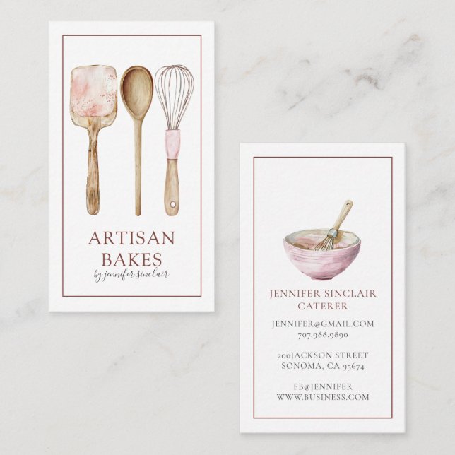 Bakery Pastry Chef Watercolor Baking Utensils Business Card (Front/Back)