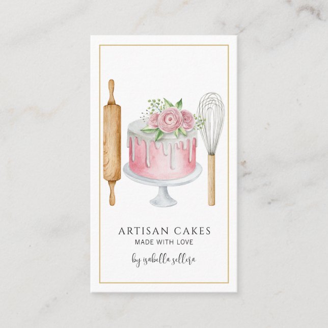 Bakery Pastry Chef Watercolor Baking Utensils Cake Business Card (Front)