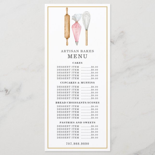 Bakery Pastry Chef Watercolor Baking Utensils Menu (Front)