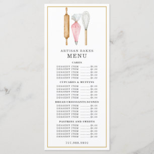 Bakery Pastry Chef Watercolor Baking Utensils Menu