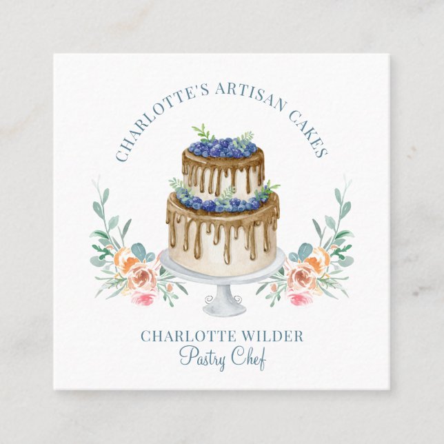 Bakery Pastry Chef Watercolor Cake Square Business Card (Front)