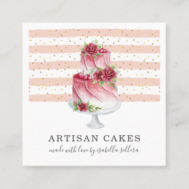 Bakery Pastry Chef Watercolor Cake Square Business Card (Front)