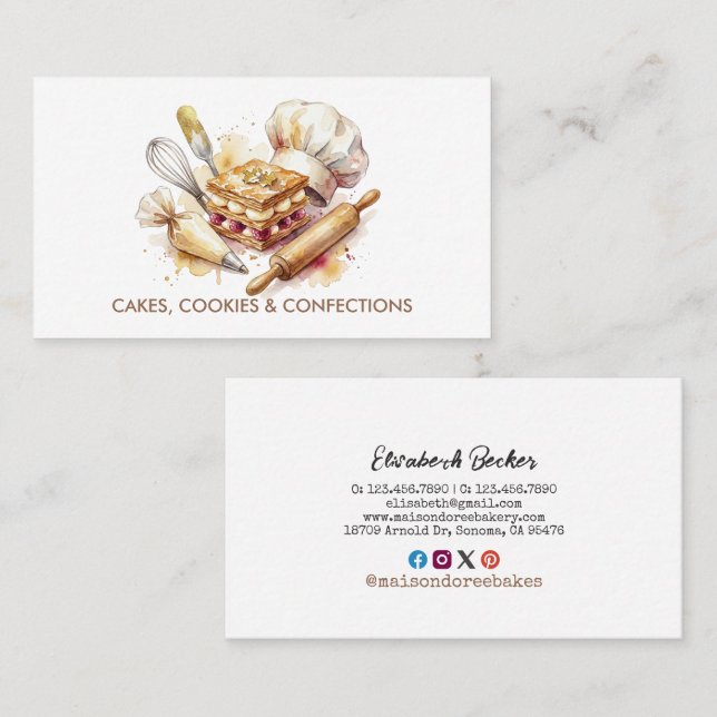 Bakery Pastry Chef Watercolor Gold Baking Catering Business Card (Front/Back)