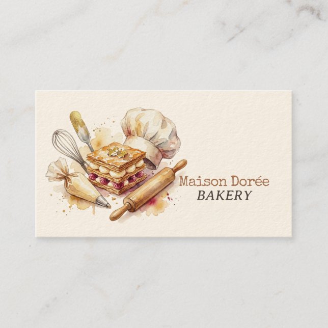 Bakery Pastry Chef Watercolor Gold Baking Catering Business Card (Front)