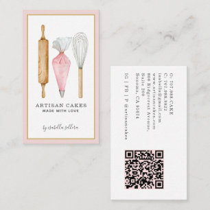 Bakery Pastry Chef Watercolor Utensils QR Code Business Card