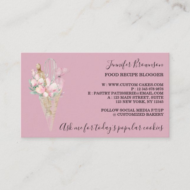 Bakery Pastry Flowers Boho Creative chef pink Business Card (Front)