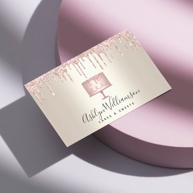Bakery Pink Cake Gold Glitter Drips Dessert Gold Business Card (Creator Uploaded)