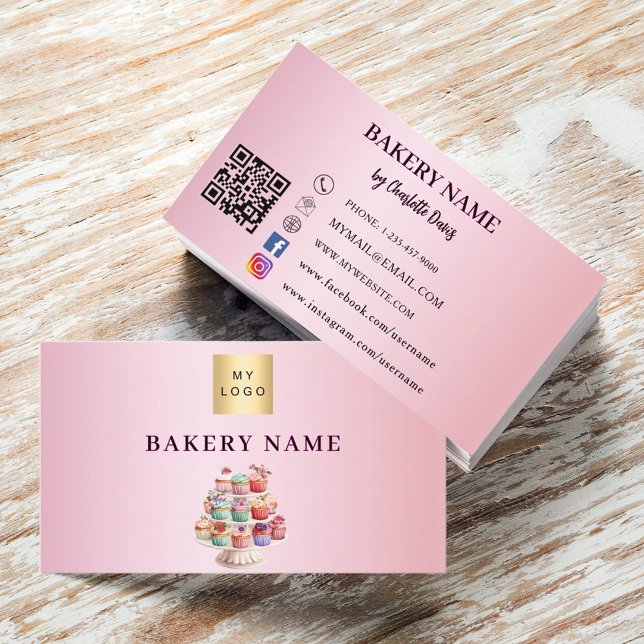 Bakery pink cupcakes pastry pastels QR code logo Business Card (Creator Uploaded)