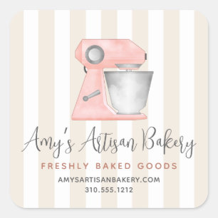 Bakery Pink Kitchen Stand Mixer Beige Stripes Square Sticker