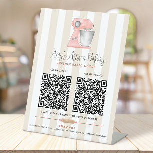 Bakery Pink Mixer 2 QR Code Beige Stripes Pay Here Pedestal Sign
