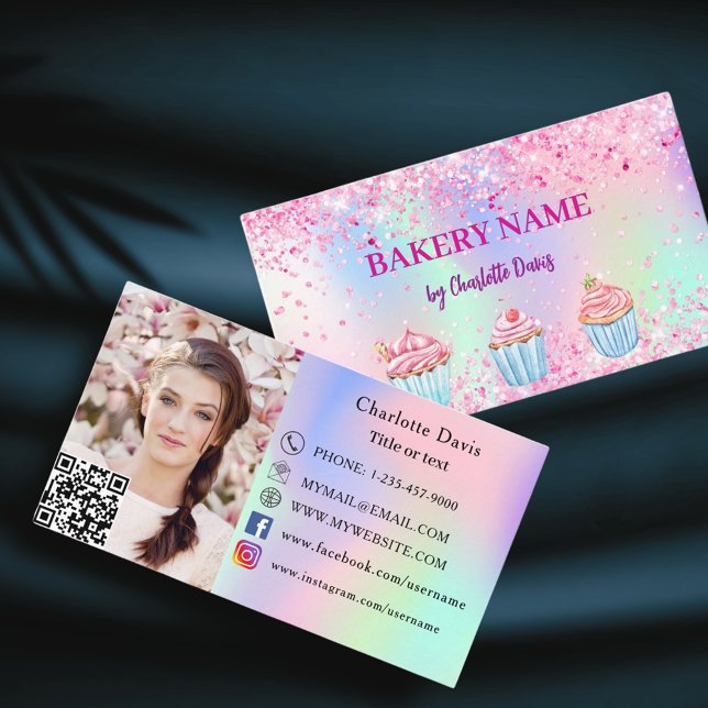 Bakery pink purple photo social media QR code Business Card (Creator Uploaded)