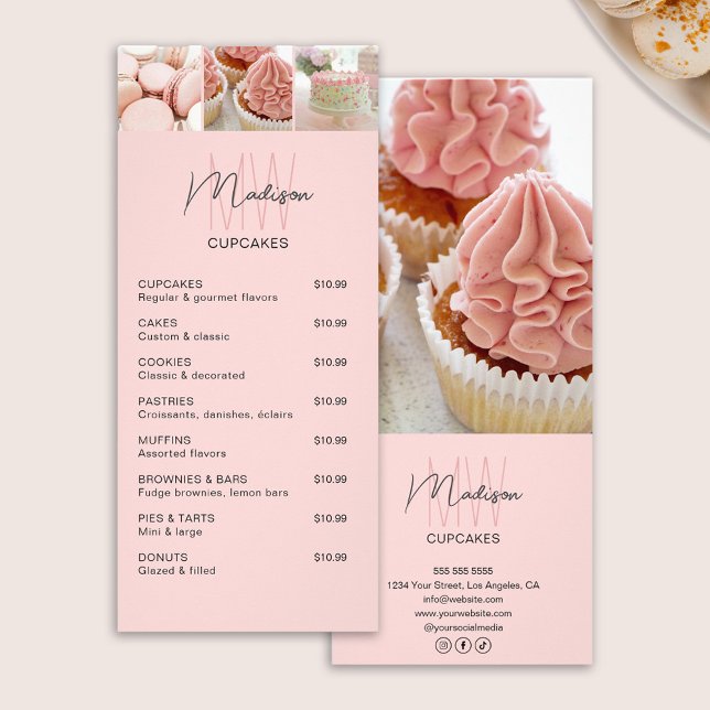 Bakery Price List Custom Monogram Logo Pink  Rack Card (Bakery Price List Custom Monogram Logo Pink Rack Card)