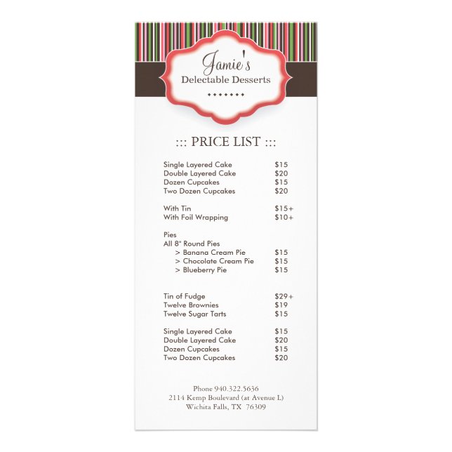 Bakery Price List Rack Card (Front)