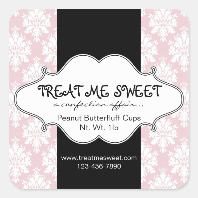 Bakery Product Labels Pink Damask Square Sticker (Front)