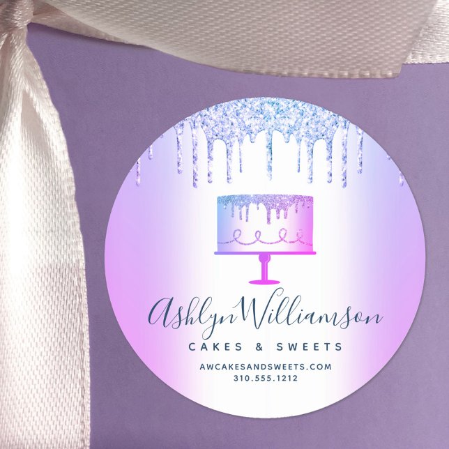 Bakery Purple Glitter Drips Cake Pastry Chef Chic Classic Round Sticker (Creator Uploaded)