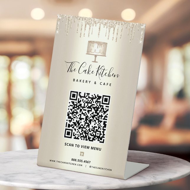 Bakery QR Code Scan Menu Gold Cake Glitter Drips Pedestal Sign (Creator Uploaded)