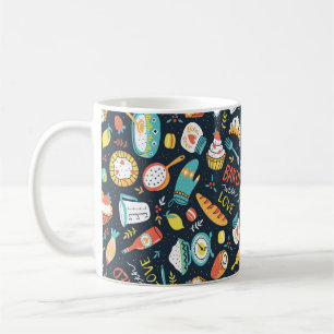 Bakery retro seamless pattern with dots and floral coffee mug