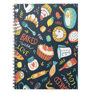 Bakery retro seamless pattern with dots and floral notebook