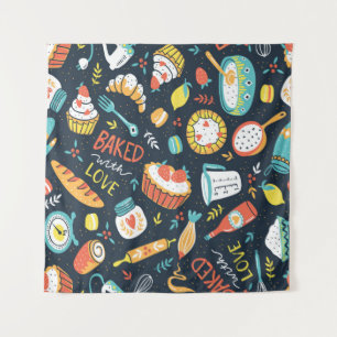 Bakery retro seamless pattern with dots and floral tapestry