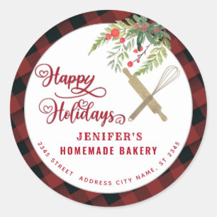Bakery rolling pin whisk holiday packaging plaid classic round sticker