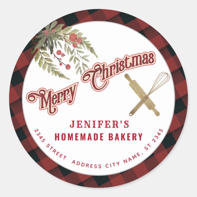Bakery rolling pin whisk holiday packaging plaid  classic round sticker (Front)