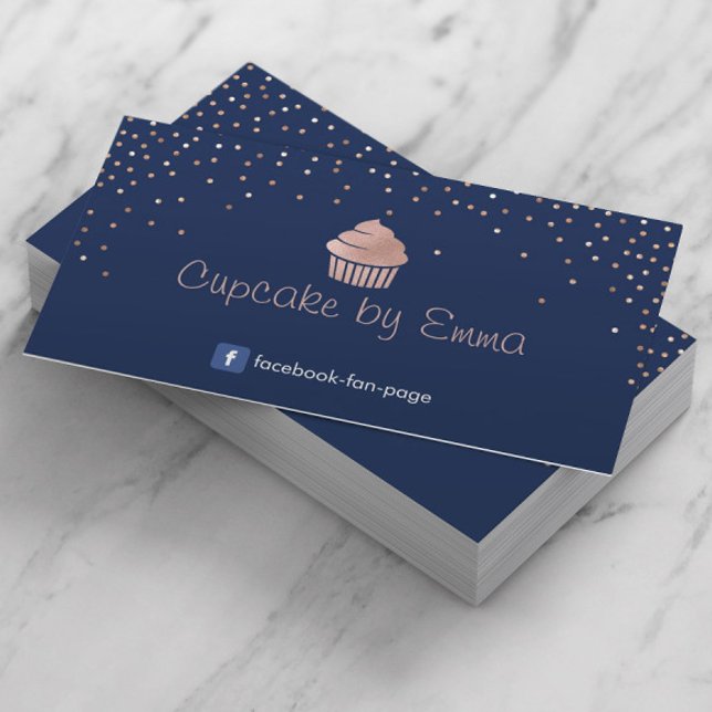 Bakery Rose Gold Cupcake Modern Confetti Navy Blue Business Card (Creator Uploaded)