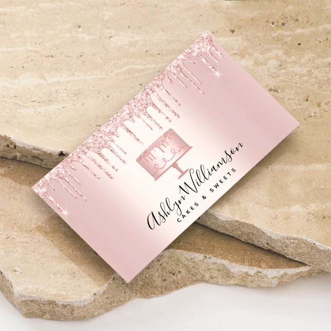 Bakery Rose Gold Glitter Drips Cake Pastry Chef Business Card (Creator Uploaded)