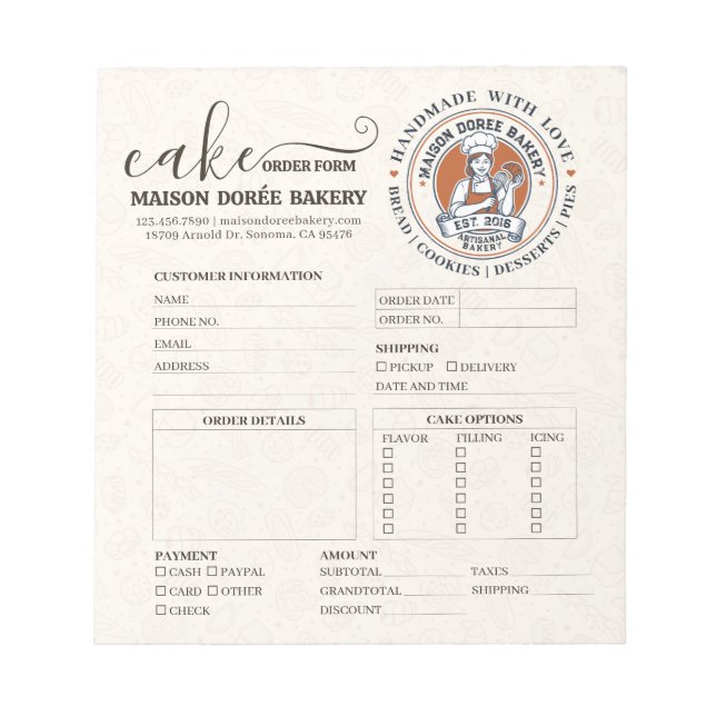 Bakery Store Pastry Chef Cake Baker Order Form Notepad (Front)
