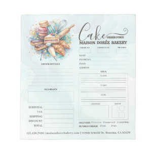Bakery Store Pastry Chef Cake Baker Order Form Notepad