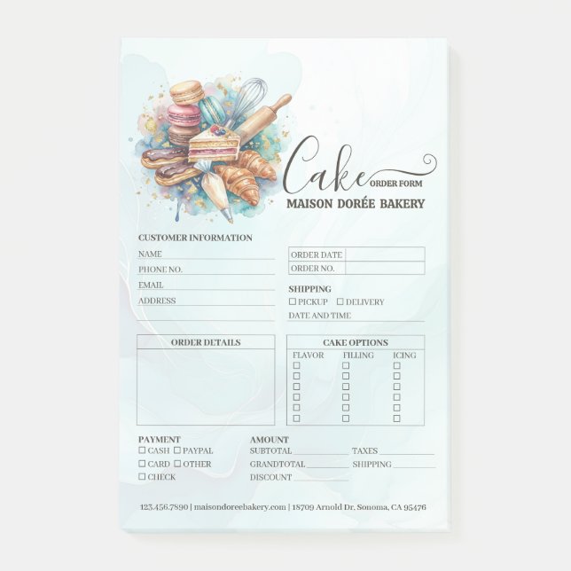 Bakery Store Pastry Chef Cake Baker Order Form Post-it Notes (Front)